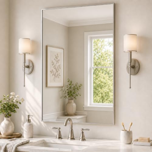 24"x36" Brushed Nickel Framed Rectangle Bathroom Vanity Wall Mirror by Pocetry