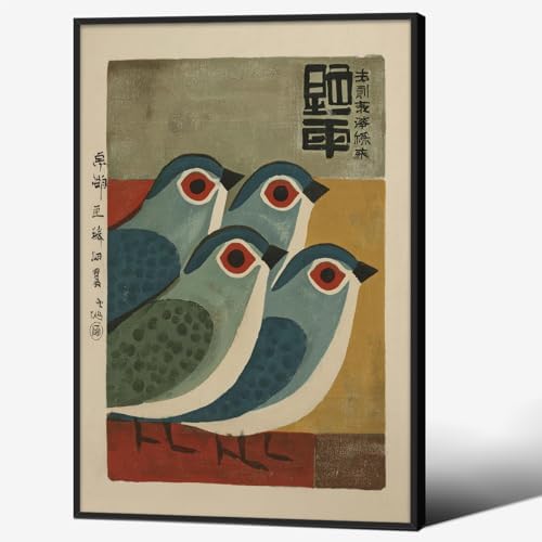 Japanese Mid Century Blue Bird Black Framed Posters Prints Vintage Animal Wall by Unknown