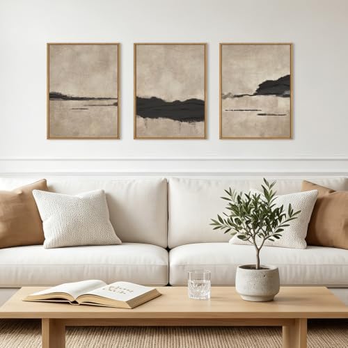Black and Tan Abstract Neutral Framed Canvas Wall Art Set, Dark Brown Black - Image 2