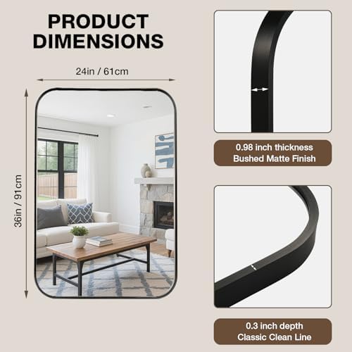 24"x36" Matte Black Rectangle Vanity Bathroom Mirror - Image 4