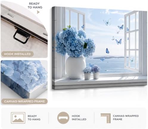 Birnsen Coastal Bathroom Canvas Wall Art Blue Hydrangea Floral Vase Butterfly - Image 7