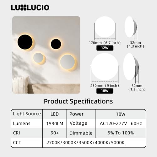 Hardwired 9" Round Backlit White Modern Indoor LED Wall Sconce - Image 3