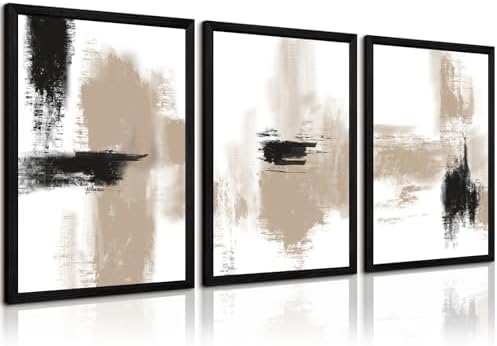 Beige Abstract Wall Art Painting Set of 3 Neutral Canvas Wall Art Prints Black by Unknown
