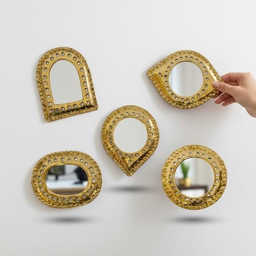 Set of 5 Small Decorative Wall Mirrors – Gold Brass Handmade Mirror Set | Round by Unknown