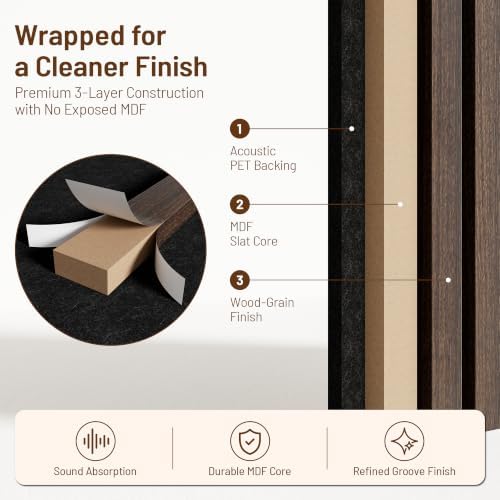 Amsleekey 4-Pack 47.2″x23.6″ Acoustic Wood Wall Panels, 8 Hooks, Dark Walnut - Image 4