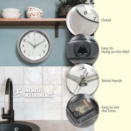 Infinity Instruments Retro Round Metal Wall Clock, Stone Grey - Image 6