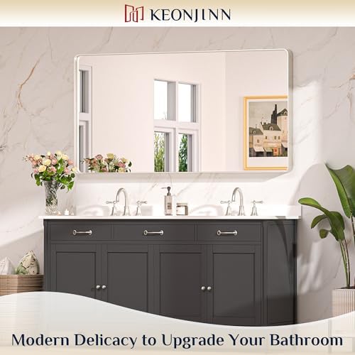 Keonjinn 55 x 30 Inch Brushed Nickel Bathroom Mirror, Tempered Glass - Image 2