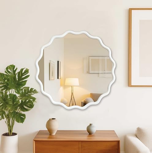 GDFStudio 36 Inch Wavy Round Solid Wood Frame Mirror, Bohemian Decorative Wall by GDFStudio
