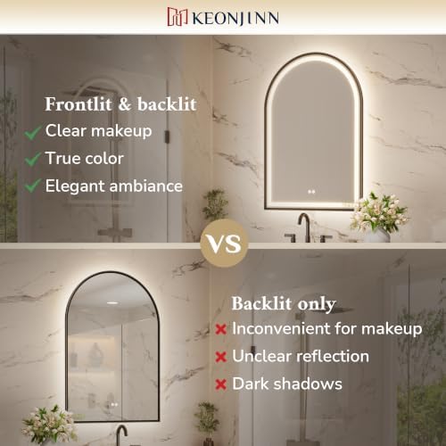 Keonjinn 26x38 Inch Black Arched LED Bathroom Mirror, Frontlit & Backlit - Image 5