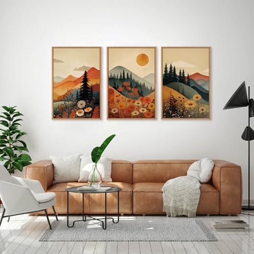LHIUEM Large Boho Mountain Sunset Framed Canvas Wall Art Set, Pine Tree Flowers - Image 3