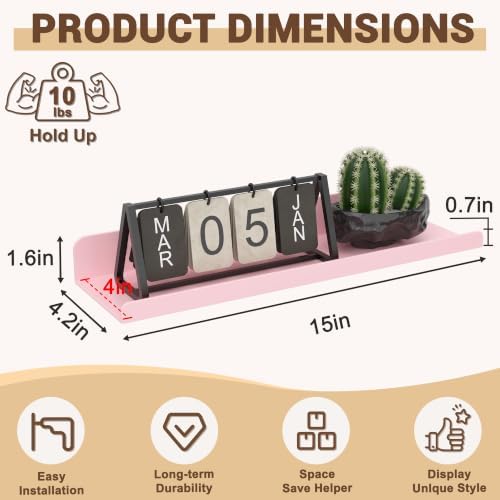 Qukaka 15" Floating Shelves for Wall, 3 Pack Pink Display Ledges - Image 2