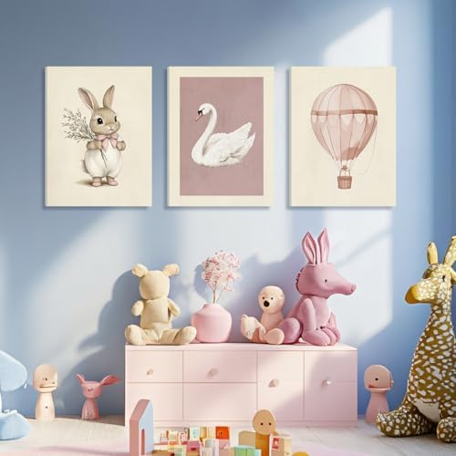 Hianan Wrapped Canvas Pink Cute Bunny Nursery Wall Art Set of 3, 16x24 in - Image 4