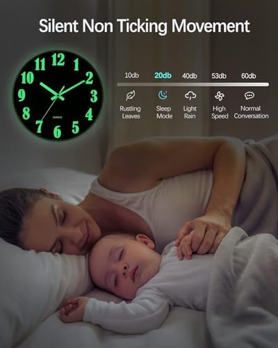 JoFomp Glow in The Dark Clock, 14 Inch Modern Silent Non Ticking Wall Clocks - Image 4
