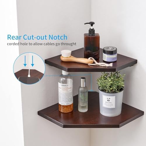 Corner Wall Shelves Set 2 Wire Hole Solid Oak Wood Display Shelf - Image 4