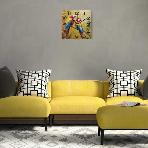 8 Inch Square Wall Clock, Retro Branch Two Parrots Painting Battery Operated - Image 2