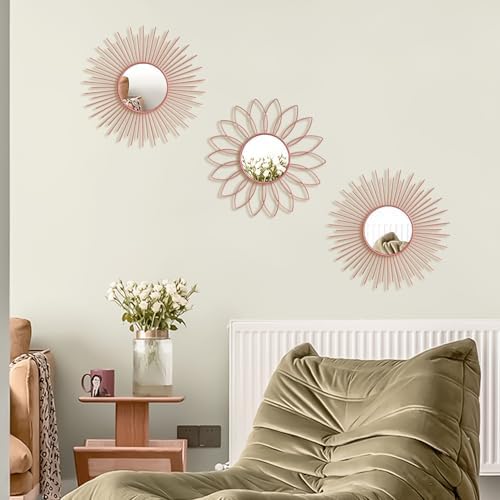 3 Pack Metal Mirrors for Wall Pink Sunburst Wall Mirror Home Decor Wall Art - Image 4
