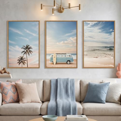 Large Ocean Beach Surfboard Framed Canvas Wall Art Set -16"x24"x3 by Ausril