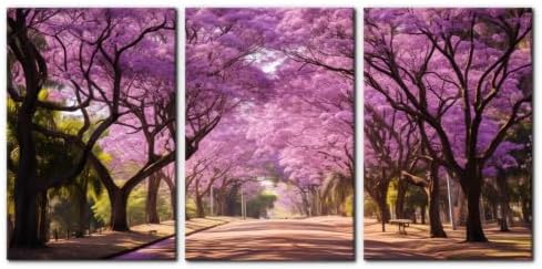 Pacimo Jacaranda Trees Park Canvas Wall Art 3 Panels Modern Spring Natural by Pacimo