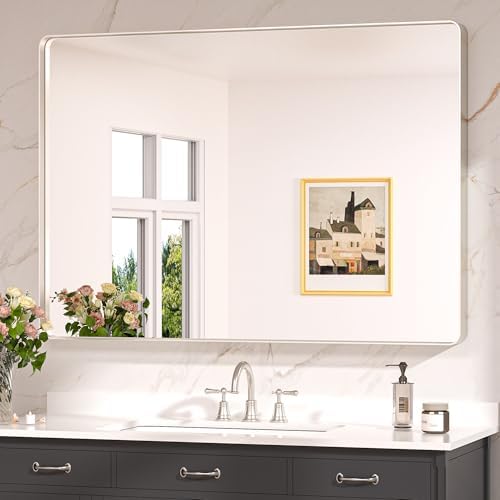 Keonjinn 48 x 36 Inch Brushed Nickel Bathroom Vanity Mirror, Aluminum Frame by Keonjinn