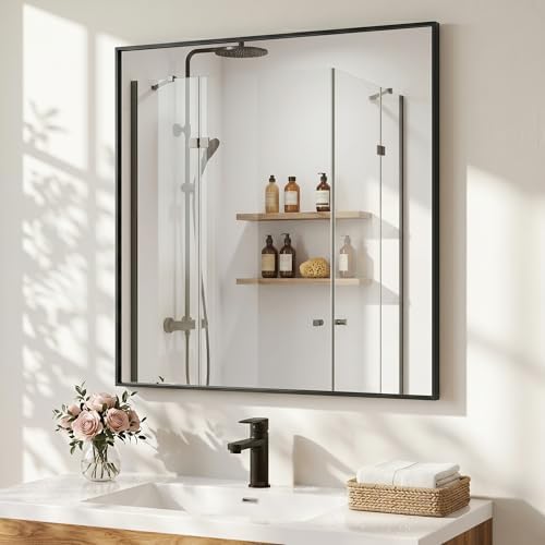 30"x30" Matte Black Framed Square Bathroom Vanity Wall Mirror by Pocetry