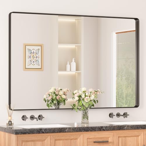Keonjinn 55 x 36 Inch Black Bathroom Mirror, Tempered Glass Vanity Mirror by Keonjinn
