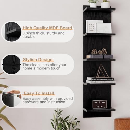 5 Tier Black Floating Wall Shelf, Vertical Storage Tower - Image 5