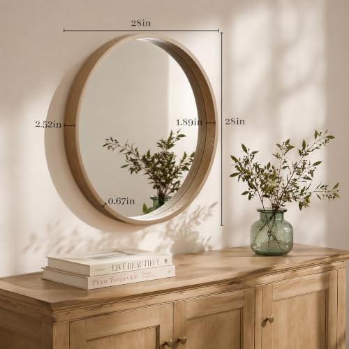 WallBeyond 28 Inch Natural Round Wood Mirror, Large Circle Wooden Frame Wall - Image 4