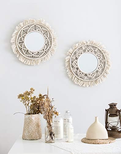 Mkono Hanging Wall Mirror with Macrame Fringe 2 Set Small Round Decoration Boho - Image 2