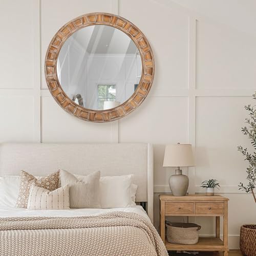 30 Inch Brown Solid Wood Round Wall Mirrors - Image 5