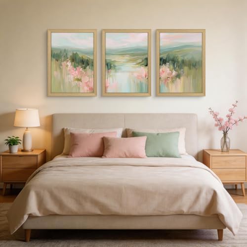 Green and Pink Landscape Canvas Wall Art 3Pcs Framed Home Decor 12X16 Inch - Image 4