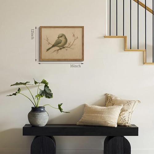 Framed Vintage Bird Canvas Wall Art, Cute Rustic Bird on Peach Blossom Print - Image 4