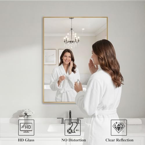 Koonmi Gold Rectangle Wall Mirror, 24x32 Inch Bathroom Mirror, Aluminum Frame - Image 3