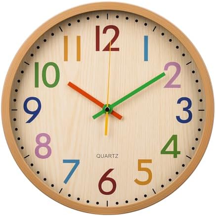 Kids Wall Clock Silent Non-Ticking Colorful Childrens Clock Round Decorative by BAKBRAND