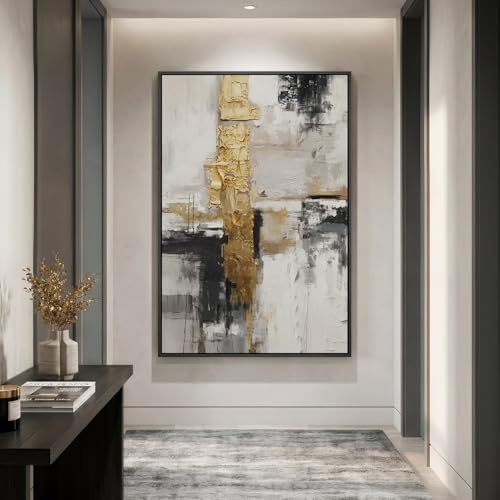 Extra Large Framed Black White Gold Abstract Wall Art, Vertical 40x60 In - Image 4