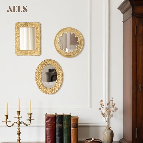 AELS 3 Pack Small Antique Gold Mirror Wall Decor, Wall Hanging Mirror Decor - Image 3