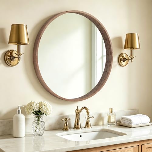 WallBeyond 28 Inch Round Wood Mirror, Burlwood Grain Wood Frame Circle Mirror - Image 2