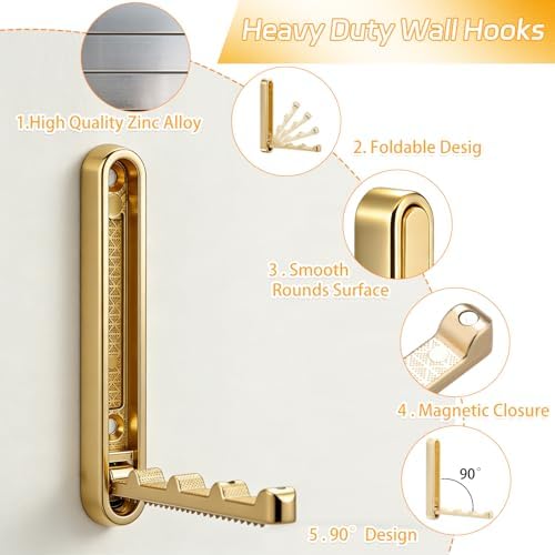 4.33 in Extended Folding Coat Hooks, 2 Pack Gold Wall Hooks, Zinc Alloy - Image 4