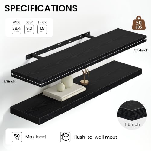 Heimlove Floating Shelves 39.4" W x 9.3" D Black Set of 2 - Image 3