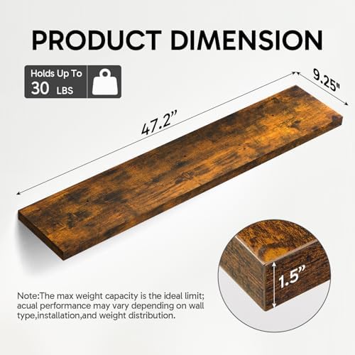 BAYKA Rustic Brown Floating Shelves 47.2in, Wall Mount Wood Shelf - Image 3