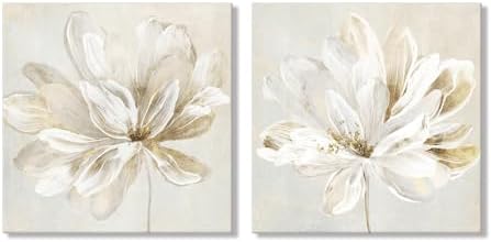 SEVEN WALL ARTS 2 Pcs Beige and Gold Flower Wall Art Blooming Flower Abstract by SEVENWALLARTS