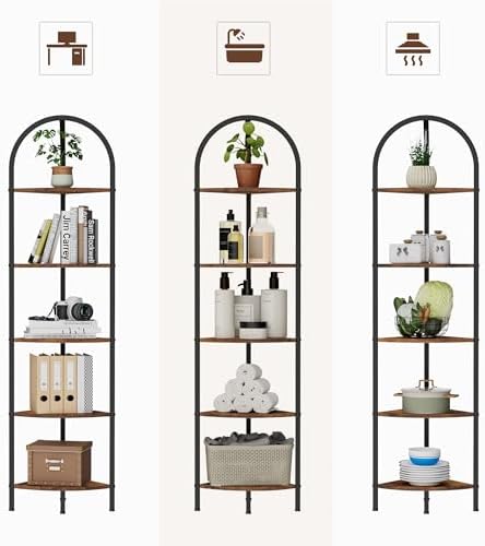 Homhedy 5-Tier Arched Corner Shelf Stand, Wall Corner Bookshelf - Image 4