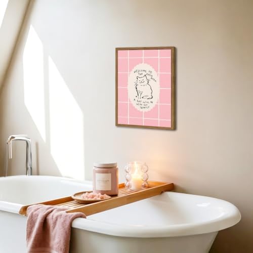 Cute Pink Bathroom Cat Wall Art Welcome to the Bathroom Sign Trendy Animal - Image 4