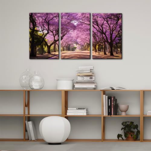 Pacimo Jacaranda Trees Park Canvas Wall Art 3 Panels Modern Spring Natural - Image 2