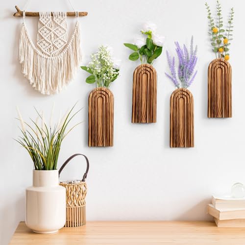 Ziliny 4 Pack Boho Wall Planters Wood Hanging Vases Indoor, Dark Brown - Image 3