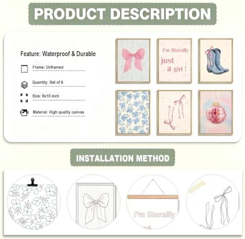 Kjarynax Blue Pink Preppy Poster Set of 6, Cute Coquette Bow Boots Wall Art - Image 4