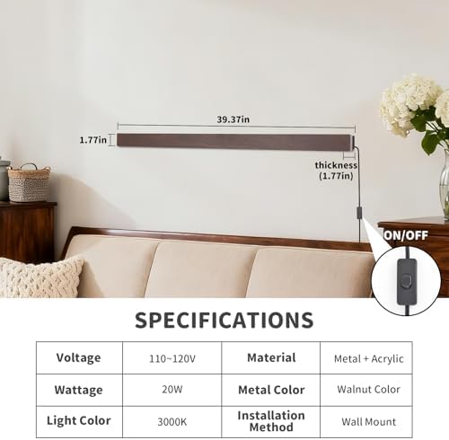 KELUOLY Farmhouse Plug in Long Wall Sconce, 39.3" Faux Walnut Finish LED Wall - Image 3