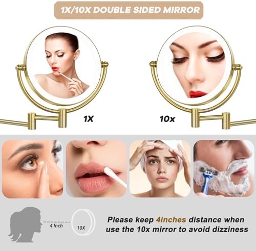 8 Inches Brass Lighted Makeup Mirror Wall Mounted - Image 3
