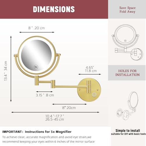 Rechargeable Wall Mount Makeup Mirror Gold - Image 6