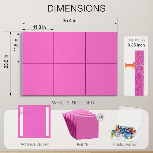 MaxGear Felt Bulletin Board 36" x 24", Rose Pink Felt Wall Tiles Push Pins - Image 4