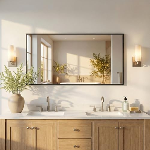 55"x30" Matte Black Wide Bathroom Wall Mirror - Image 2